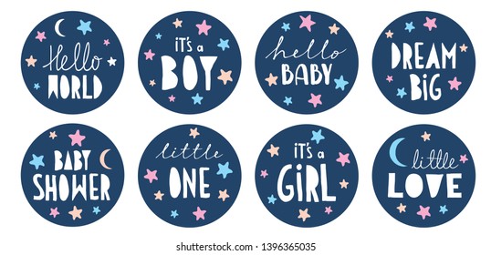 Sweet Baby Shower Vector Sticker Set. Round Blue Tags. It's A Boy. It's A Girl. Little One. Hello Love. Handwritten Letters. Cute Round Shape Cake Toppers For Baby Shower Party, Candy Bar Decoration.