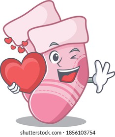 A sweet baby socks cartoon character style holding a big heart