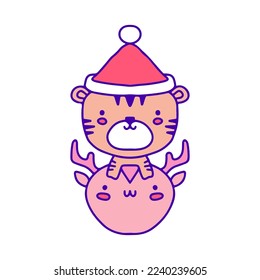 Sweet baby tiger in Santa hat with reindeer doodle art, illustration for t-shirt, sticker, or apparel merchandise. With modern pop and kawaii style.