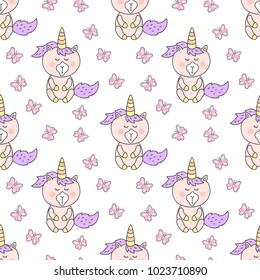 Sweet baby unicorn and butterflies childish vector seamless pattern. Kids design for any apparel, nursery decorating, baby interior and more.