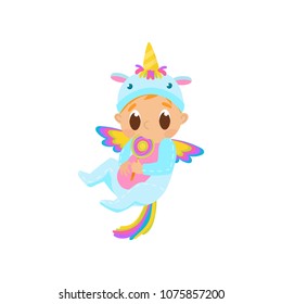 Sweet baby in unicorn costume with wings sitting on the floor vector Illustration on a white background