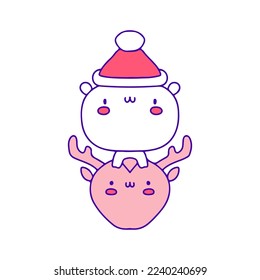 Sweet baby white bear in Santa hat with reindeer doodle art, illustration for t-shirt, sticker, or apparel merchandise. With modern pop and kawaii style.