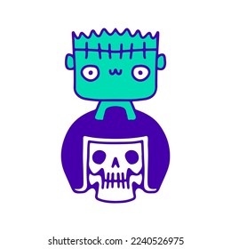 Sweet baby zombie and rider skull doodle art, illustration for t-shirt, sticker, or apparel merchandise. With modern pop and kawaii style.