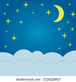 Sweet Background For Baby Room, Calm Night With Yellow Moon And Stars. Starry Sky With Moon, Baby Wallpaper With Crecent, Blue Sky With Yellow Moon And Stars, Baby Phone Wallpaper, Illustration Vector