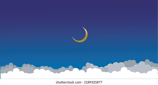 Sweet background for baby room, calm night with  moon and stars. Starry sky with moon, baby wallpaper with crecent, blue sky with yellow moon and stars.