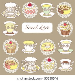 sweet  background with cakes and teacups