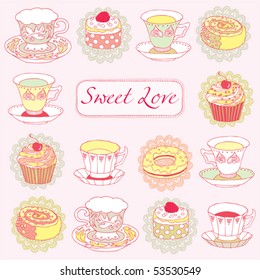 sweet  background with cakes and teacups