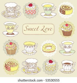 sweet  background with cakes and teacups