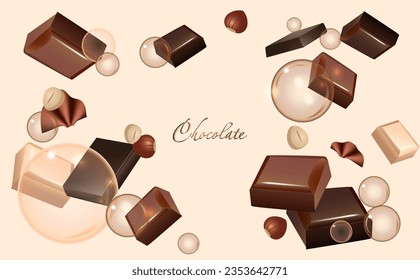 Sweet background with chocolate, bubbles and nuts