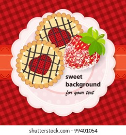 Sweet background. A couple of cookies and strawberries in sugar on the banner on the vintage plaid background. The place for your text.