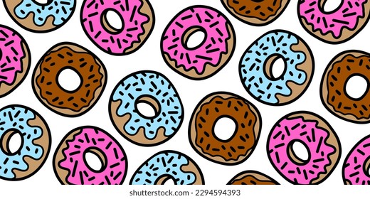 Fondo dulce con ilustración de donuts. El patrón de dibujos animados no tiene fondo vectorial.