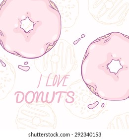 Sweet background with hand drawn donuts. Vector illustration for coffee shop, bakery or cafe. Food design. Using clipping mask