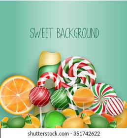 Sweet background with lollipop, ice cream, orange and candies.Vector