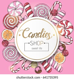 Sweet background with lollipops and text on pink. Candy shop. Hand written golden Lettering. Vector food design. Set of lollipops for menu, advertising and banners. Sketch