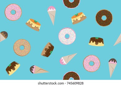 Sweet background pattern seamless, doughnut, pudding, ice cream vector illustration