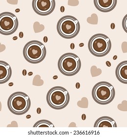 Sweet background. Seamless pattern with coffee beans and cups. Vector illustration.