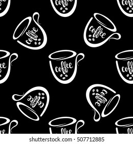 Sweet background. Seamless pattern with coffee beans and cups. Vector illustration.