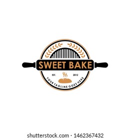 sweet bake bakery cake rolling pin shop wheat logo design vector