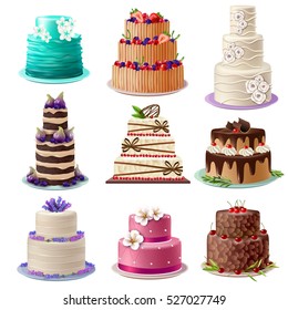 Sweet baked cakes set with colorful different decorated confectioneries and desserts isolated vector illustration