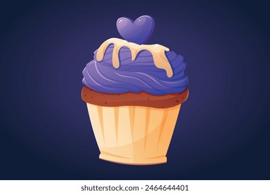 Sweet baked cupcake with purple cream and frosting. Vector isolated cartoon illustration of sweets.