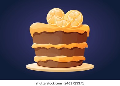 Sweet baked delicious lemon sponge cake on a plate. Vector isolated cartoon illustration.