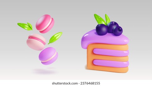 Postre dulce al horno 3d - trozo triangular de tarta en capas con crema morada decorado con hojas de arándano y menta y galletas de macarón voladoras. Platos vectoriales de panadería de color pastel.