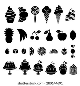 Sweet baked food and fruit silhouettes set. Cakes, cupcakes, croissant, pancakes, pie, donut, ice cream, pretzel and apple, cherry, lemon, pear. Vector elements isolated on white background