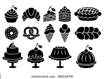 Sweet baked food silhouettes set. Cakes, cupcakes, croissant, pancakes, pie, donut, ice cream, pretzel. Vector elements isolated on white background