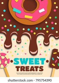 Sweet baked goods for party dessert course appetizing confectionery advertisement poster with donut chocolate frosting vector illustration 