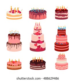 Sweet baked isolated cakes set. Strawberry icing cake for holiday, cupcake, baked brown chocolate cake gourmet, colorful celebration cherry cake bakery. Birthday cake with candles and fruits. Vector