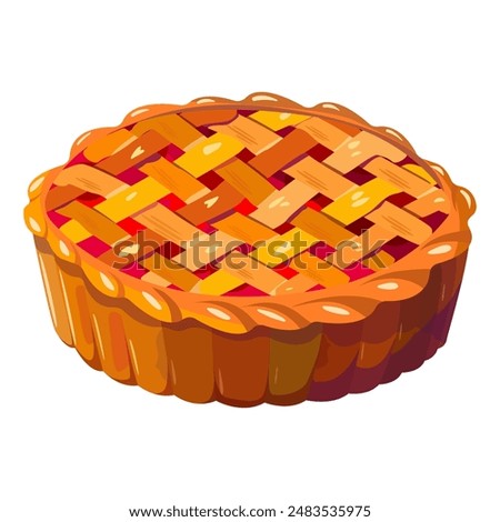 Sweet baked pie Cartoon isolated round tart with red jam. whole homemade cake baked round braided pie ruddy on plate. Vector illustration on white background