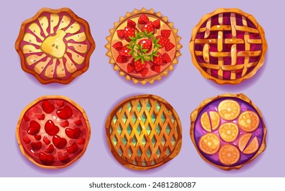 Sweet baked pie top view with fruits and berries. Cartoon vector set of thanksgiving round whole homemade cake with crust and decorative lattice, strawberry and pear, orange slices and apple in jelly