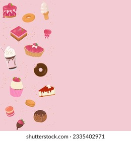 Sweet bakery background. Cake, donut, ice cream, and pastry with copy space on pink background.