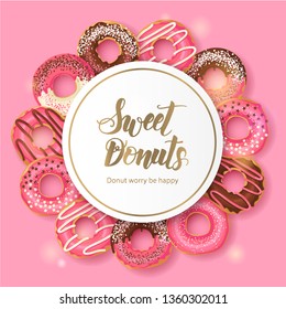 Sweet Bakery background Frame with glazed pink and chocolate donuts on pink. Hand made lettering "Sweet Donuts". Desert for menu. Food design.