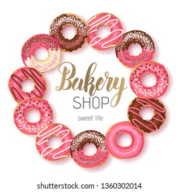 Sweet Bakery background Frame with glazed pink and chocolate donuts and Hand made lettering isolated on white. Donuts in a circle. Desert for menu. Food design.