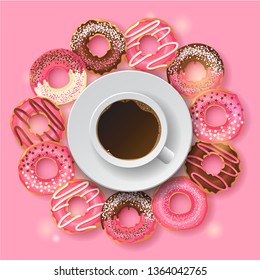 Sweet Bakery background Frame with glazed donuts and cup of coffee on pink. Space for text. Desert for menu. Food design.