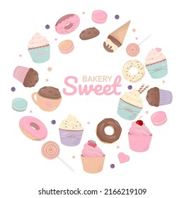 Sweet bakery background with pastel dessert and coffee floating in round shape.