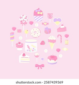 Sweet bakery banner. Cute bakery elements, including cake, candy, ice cream, and doughnuts, are arranged in a round composition on a light pink background.
