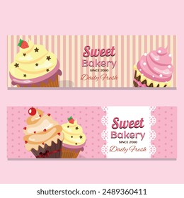 Sweet bakery banner poster set with cupcakes vintage