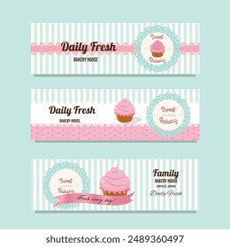 Sweet bakery banner poster set with cupcakes in cute design 