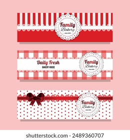 Sweet bakery banner poster set with labels and ribbons