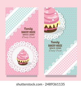 Sweet bakery banner poster set with lace and cupcakes