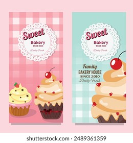 Sweet bakery banner poster set with lace and cake