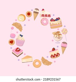 Sweet bakery banner, set of dessert floating with round shape on pink background.