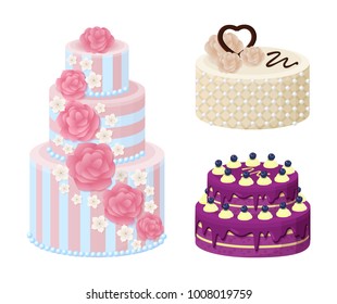 Sweet bakery collection, poster with cakes made of cream and biscuit, berries and chocolate, strawberries and blueberries, isolated on vector illustration