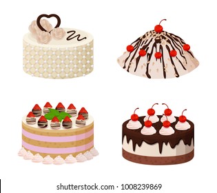 Sweet bakery collection, poster with cakes made of cream and biscuit, berries and chocolate, strawberries and blueberries, isolated on vector illustration