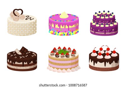 Sweet bakery collection, poster with cakes made of cream and biscuit, berries and chocolate, strawberries and blueberries, isolated on vector illustration