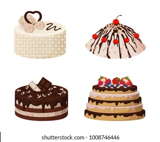 Sweet bakery collection, poster with cakes made of cream and biscuit, berries and chocolate, strawberries and blueberries, isolated on vector illustration