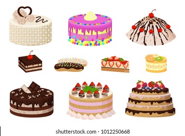 Colección de panadería dulce, afiche con pasteles de crema y galleta, bayas y chocolate, fresas y arándanos, aislados en ilustración vectorial