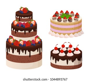 Sweet bakery collection, poster with cakes made of cream and biscuit, berries and chocolate, strawberries and blueberries, isolated on vector illustration